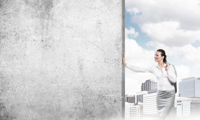 Woman and concrete empty banner