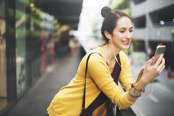 Woman Listening Music Media Entertainment Traveling Concept