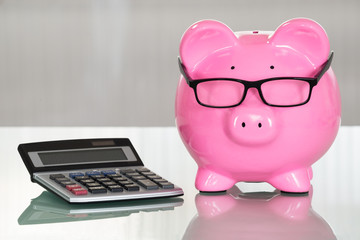 Piggybank With Eyeglasses And Calculator