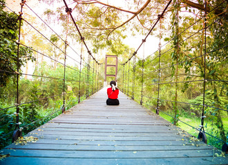 The wooden bridge built over a stretch of forest.
