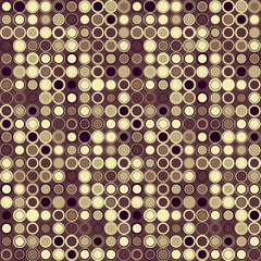 Vector seamless pattern. Consists of geometric elements arranged on brown background.The elements have a circular shape and different color.
