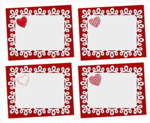 Set of holiday cards. St. Valentines day. Declaration of love, Invitation, decorated plaid, striped and checkered fabric, textile heart, isolated on the white.