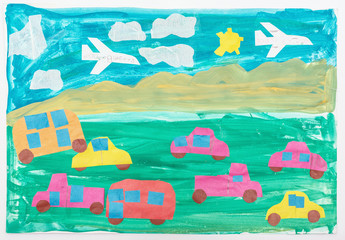 Naklejka premium Application from paper, transport, the truck, the bus, the car, background - drawing gouache