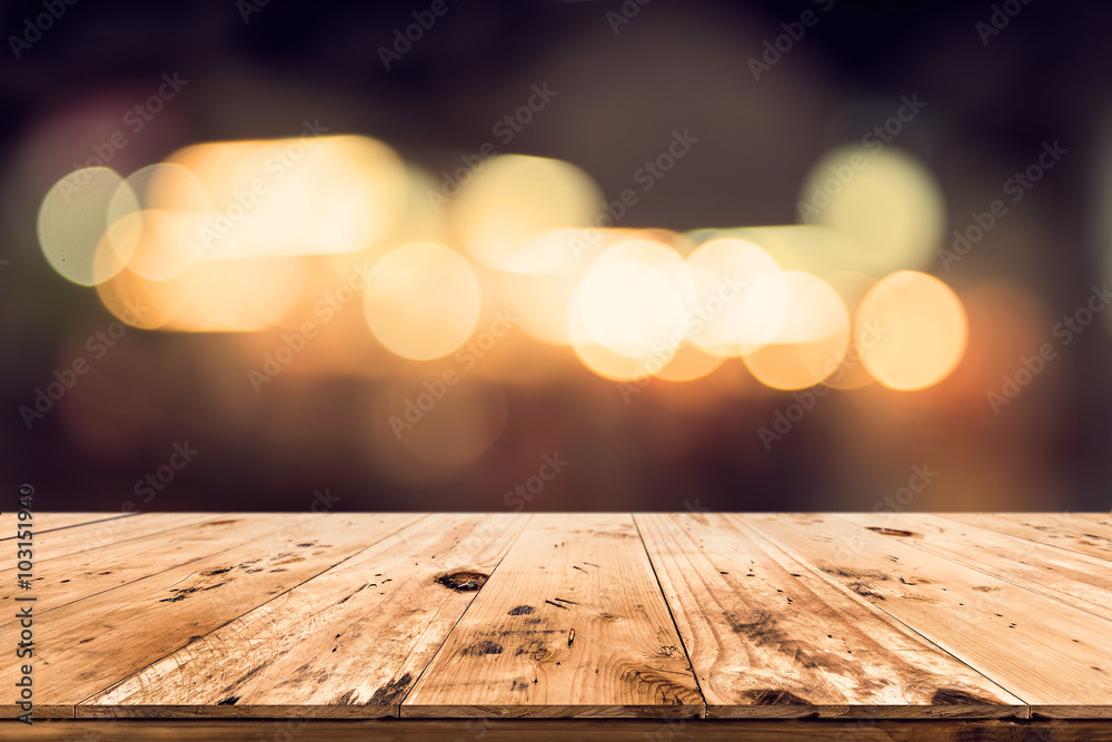 Canvas Prints empty wood table ready for your product display montage. abstract lights gray and white bokeh blurre