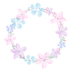 Wreath of abstract watercolor flowers on white background