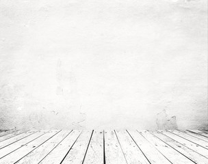 Empty a white interior of vintage room - gray grunge concrete wall and old wood floor. Realistic 3d as perfect background for your concept or project.