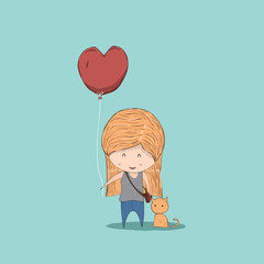 Cute cartoon girl holding heart-shaped balloons and cat, cute Va