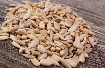 Heap of sunflower seeds on wooden background
