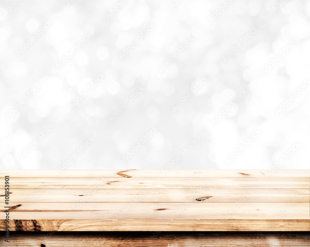 Canvas Prints empty wood table ready for your product display montage. abstract lights gray and white bokeh blurre