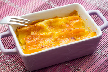Fototapeta na wymiar Cannelloni baked with ham and cheese