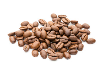 Coffee beans isolated on white background, closeup, macro