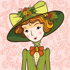 Retro girl in a Hat. Vector illustration of a woman with a hat in a retro style.