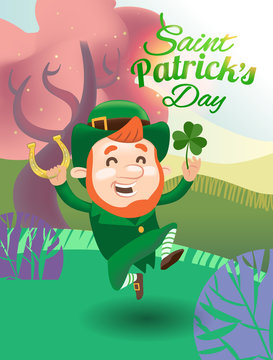 Postcard for Happy Saint Patricks Day, Leprechaun with horseshoe and shamrock on the lawn