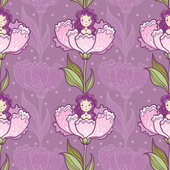 Girl Sitting in a Big Flower. Vector illustration of a girl sitting on a flower on a purple background.