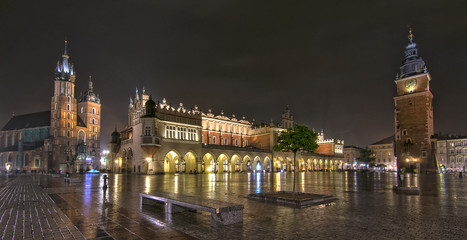 Panorama of Main Market Square at night, Poland, Krakow