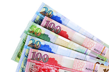 Obraz premium Hong Kong currency bills money various selection fan shape isolated on white background photo