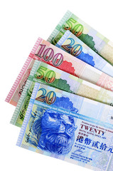 Hong Kong currency bills money various selection fan shape isolated on white background photo