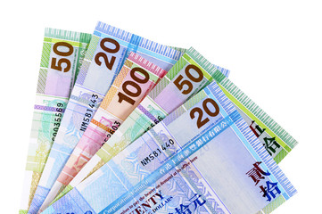 Hong Kong currency bills money various selection fan shape isolated on white background photo