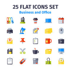 Set of 25 flat icons. Business and office flat icons. Set of office items in flat style. 25 icons isolated on white background. Icons, signs, symbols for web design.