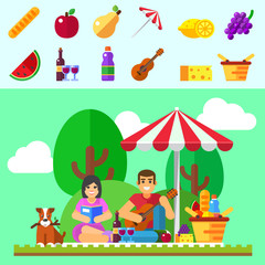 Summer picnic background. Young family with dog, happy couple holiday, outdoor date