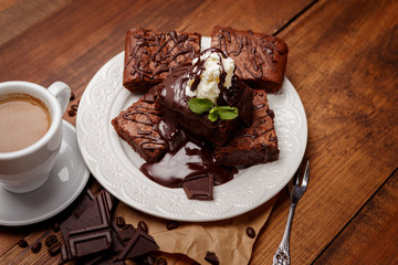 Plate with delicious chocolate brownies