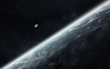 View of the moon close to planet Earth in space