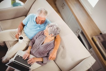 Senior woman using laptop in living room