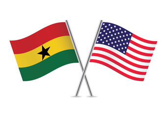 Ghanaian and American flags. Vector illustration.
