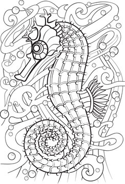 Adult Coloring book – illustration. Tattoo set: Seahorse. Vector illustration.