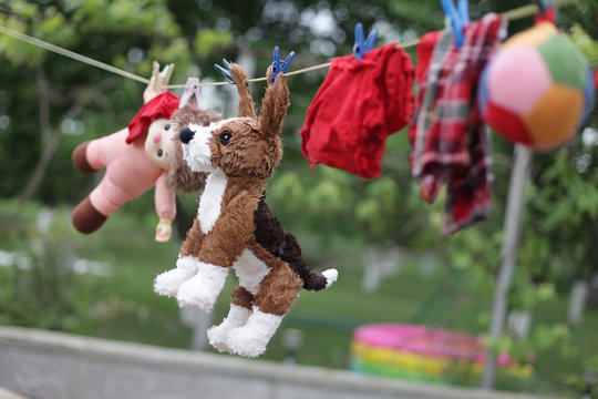 Kid's toys drying on the clothesline