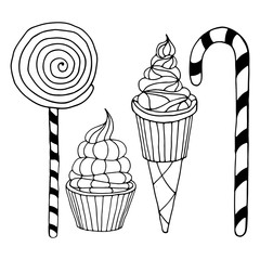 Set of various doodles, hand drawn rough simple sweets and candies sketches.