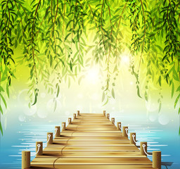 Spring background with weeping willow, lake and pier.