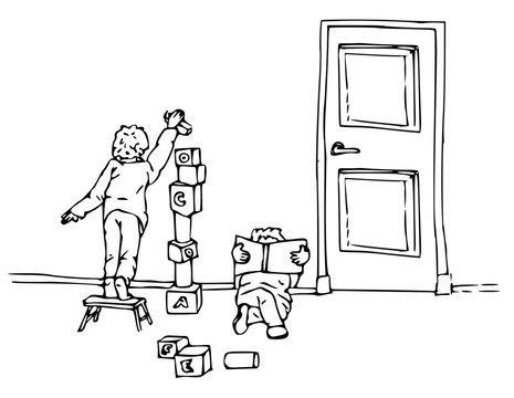 Kinderen spelen met blokken lijntekening