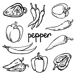 Set simple sketch icons peppers isolated