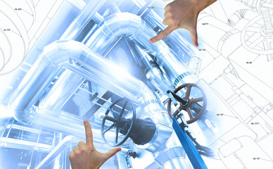 Hands Framing factory Design. Drawing and industrial equipment p