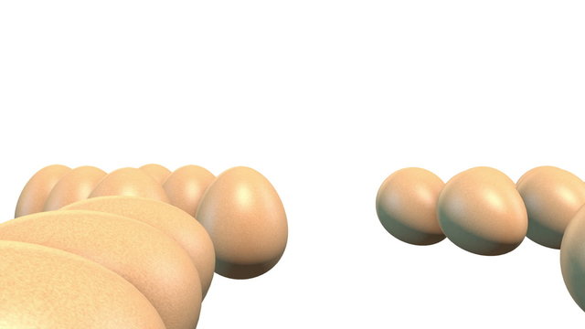 Hyperreal scene featuring 3D eggs falling into cardboard boxes against a white background.
