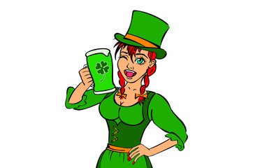 Beautiful leprechaun girl with beer and smoking pipe, St. Patrick's Day logo design with space for text, isolated