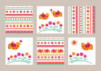 Set of seamless spring patterns with flowers and birds. Wrapping paper, cloth. Spring and summer decorative cards with birds and flowers. Doodles, sketch for your design. Vector illustration.
