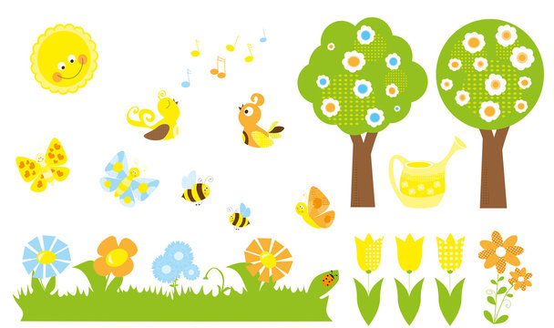 set of cute cartoon nature objects : flowers, singing birds, flying, butterflies, bees, blooming trees  / joyful collection of spring vectors for children