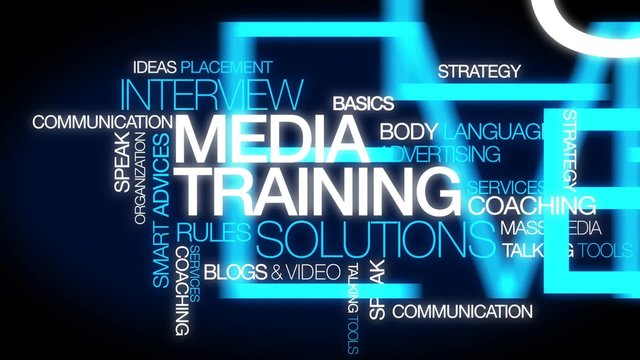 Media training spokesperson interview solutions speaking coachingwords tag cloud animation text