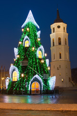 Illuminated Christmas tree in the Old Town of Vilnius, Lithuania