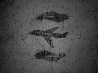 Insurance concept: Airplane And Palm on grunge wall background