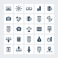 Fototapeta na wymiar 25 finance, investing icons, venture capital, investment, shares, stocks, investor, funds, money, income icons on squares, vector illustration