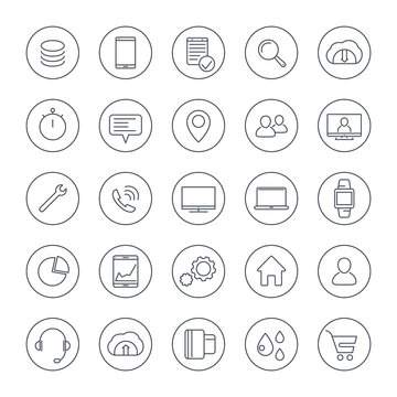 25 business, commerce, shopping, finance line icons in circles, vector illustration
