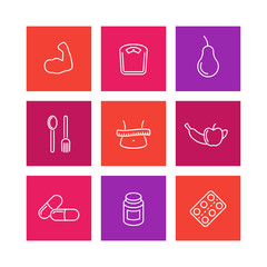Diet icons, sport nutrition, fat loss, healthy food icons on white, vector illustration