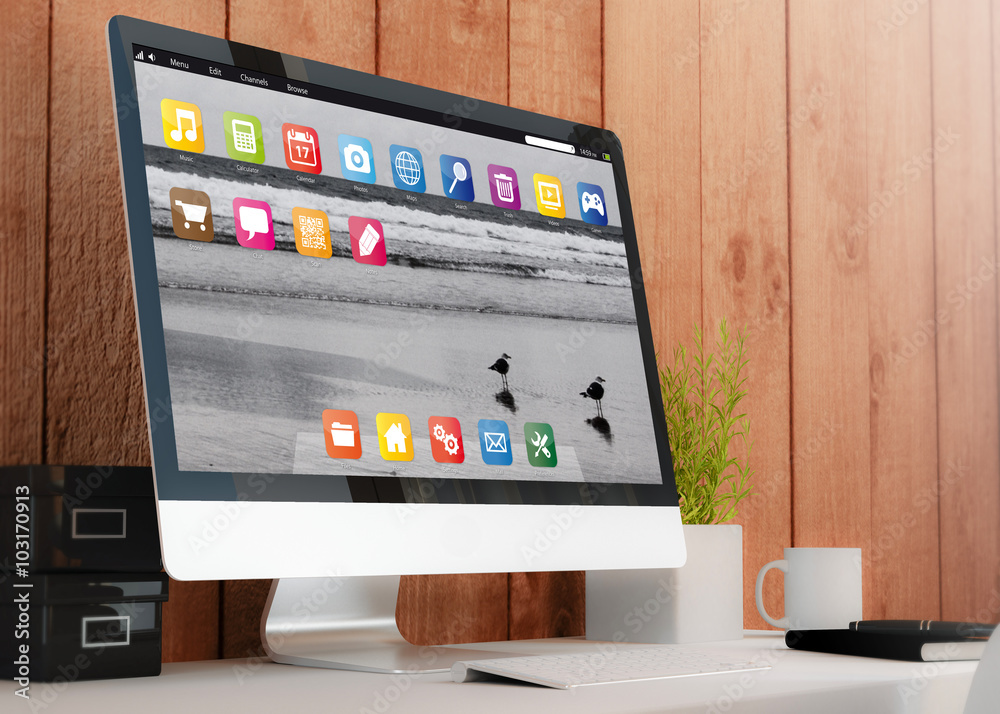 Poster modern workspace with computer
