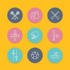 sports and games line icons, round flat set, vector illustration