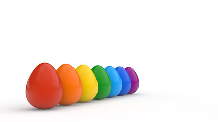 Happy easter poster, rainbow colored realistic eggs, white background, holiday card, isolated