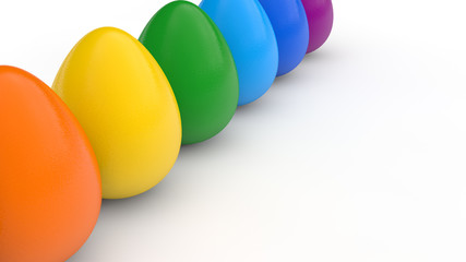 Happy easter poster, rainbow colored realistic eggs, white background, holiday card, isolated