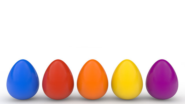 Happy easter poster, colored realistic eggs, white background, holiday card, isolated